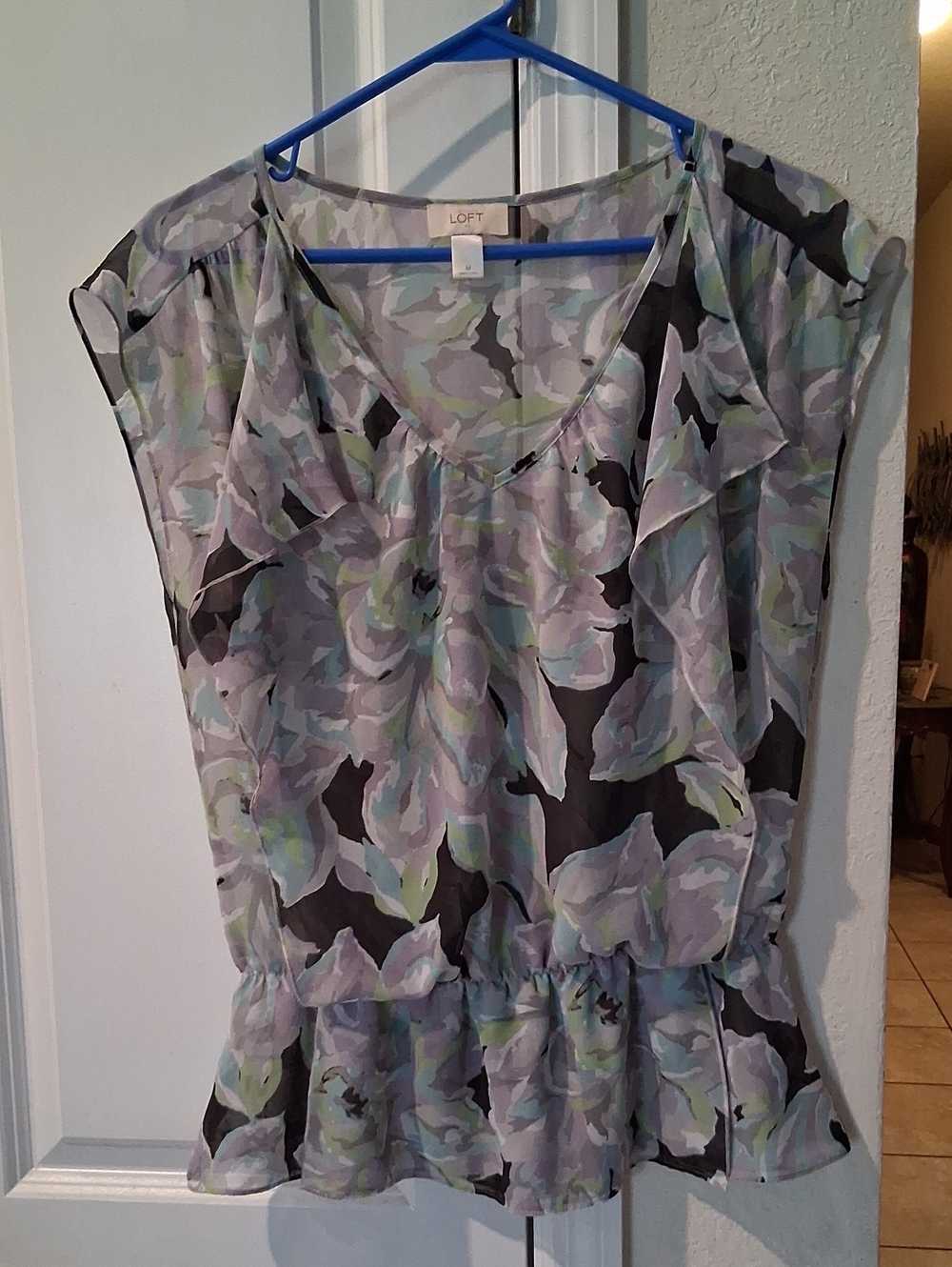 LOFT Floral V-Neck Ruffle Peplum Blouse in Lavender, Mint, and Black